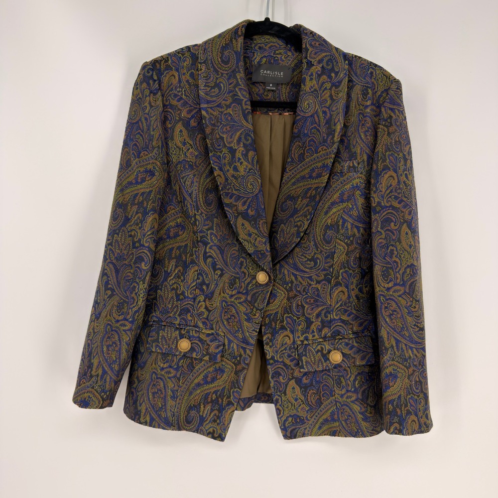 Vintage Carlisle Collection Paisley Blazer Womens 8 Blue Gold Brocade Ornate